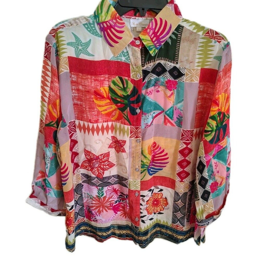 Beau Chemise Blouse Size L Floral Button 100% Viscose Silk - Picture 2 of 6